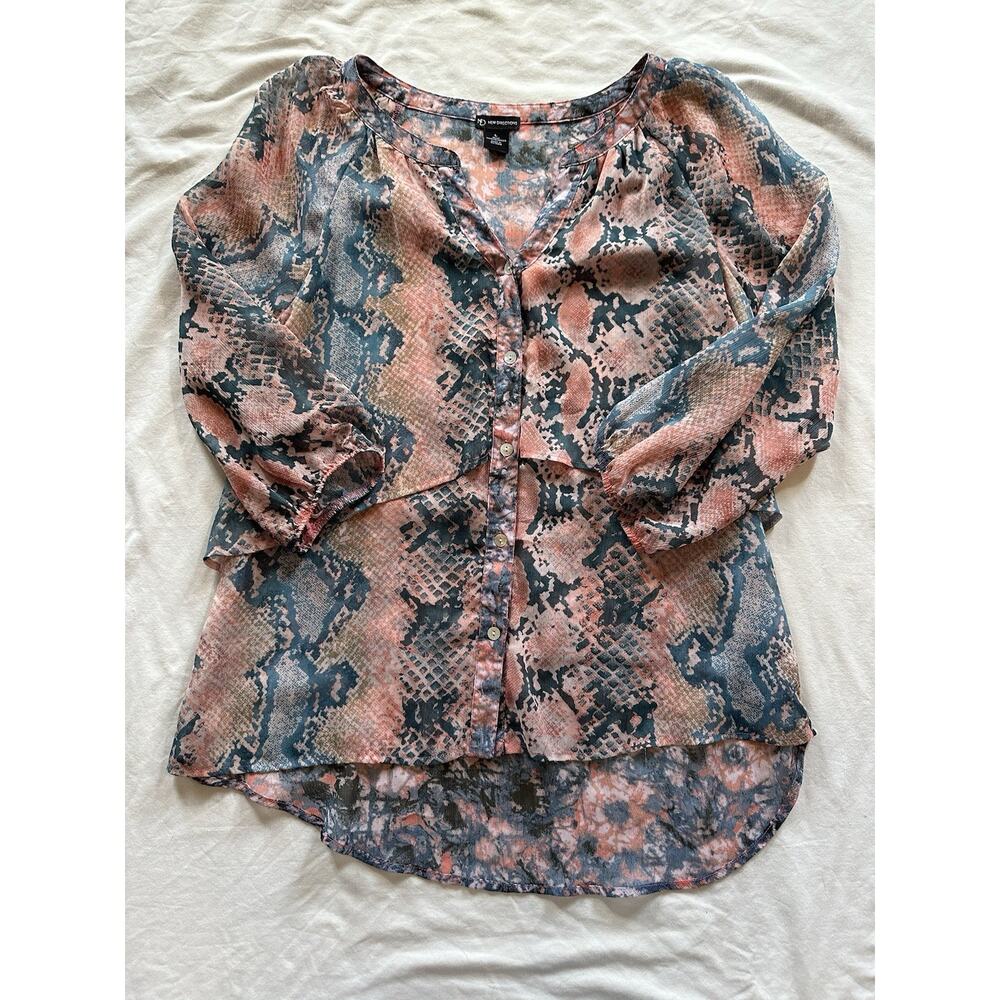 New Directions Blouse L | Sheer Snake Print Button Front Tunic Top